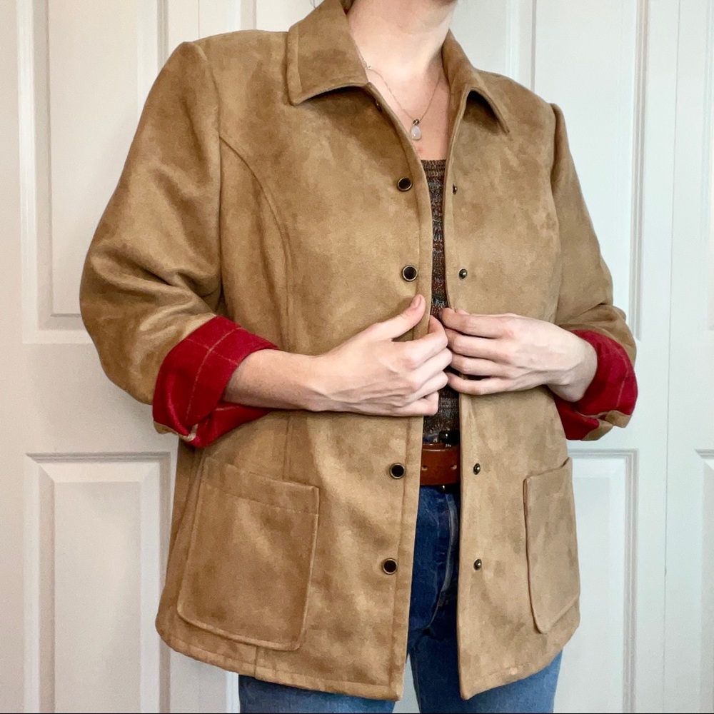 Faux Suede Jacket Red Plaid Lining Evan Picone Women's Size 10/12